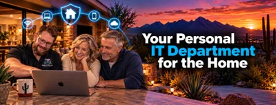 Devan from Mobile-Tech helping a Tucson couple on a laptop at sunset, with the words Your Personal IT Department for the Home